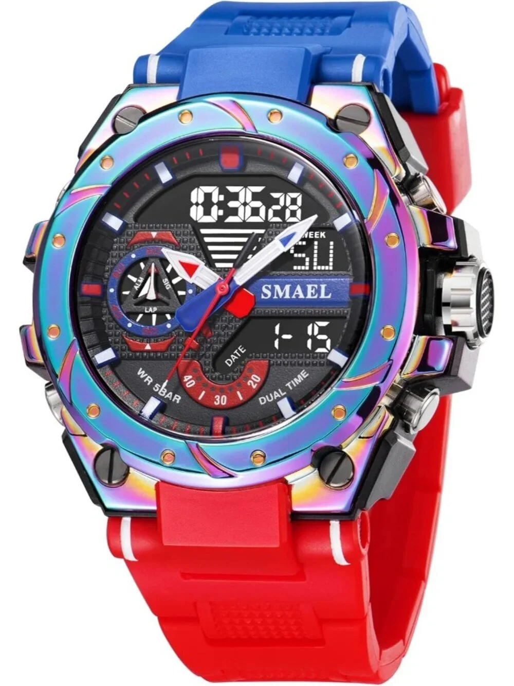 Men's Red And Blue Analog Quartz Sports Waterproof Military LED Digital Watch
